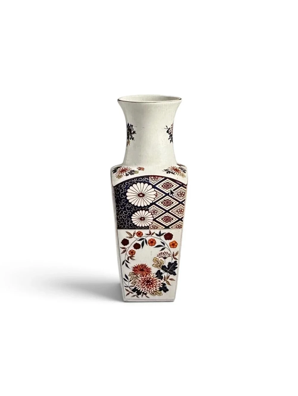 Vintage Japanese Floral Porcelain Vase with Geometric Pattern